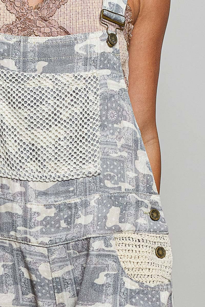 Crochet Contrast Patch Detail Chest Pocket Woven Overalls: ALMOND CAMO / L