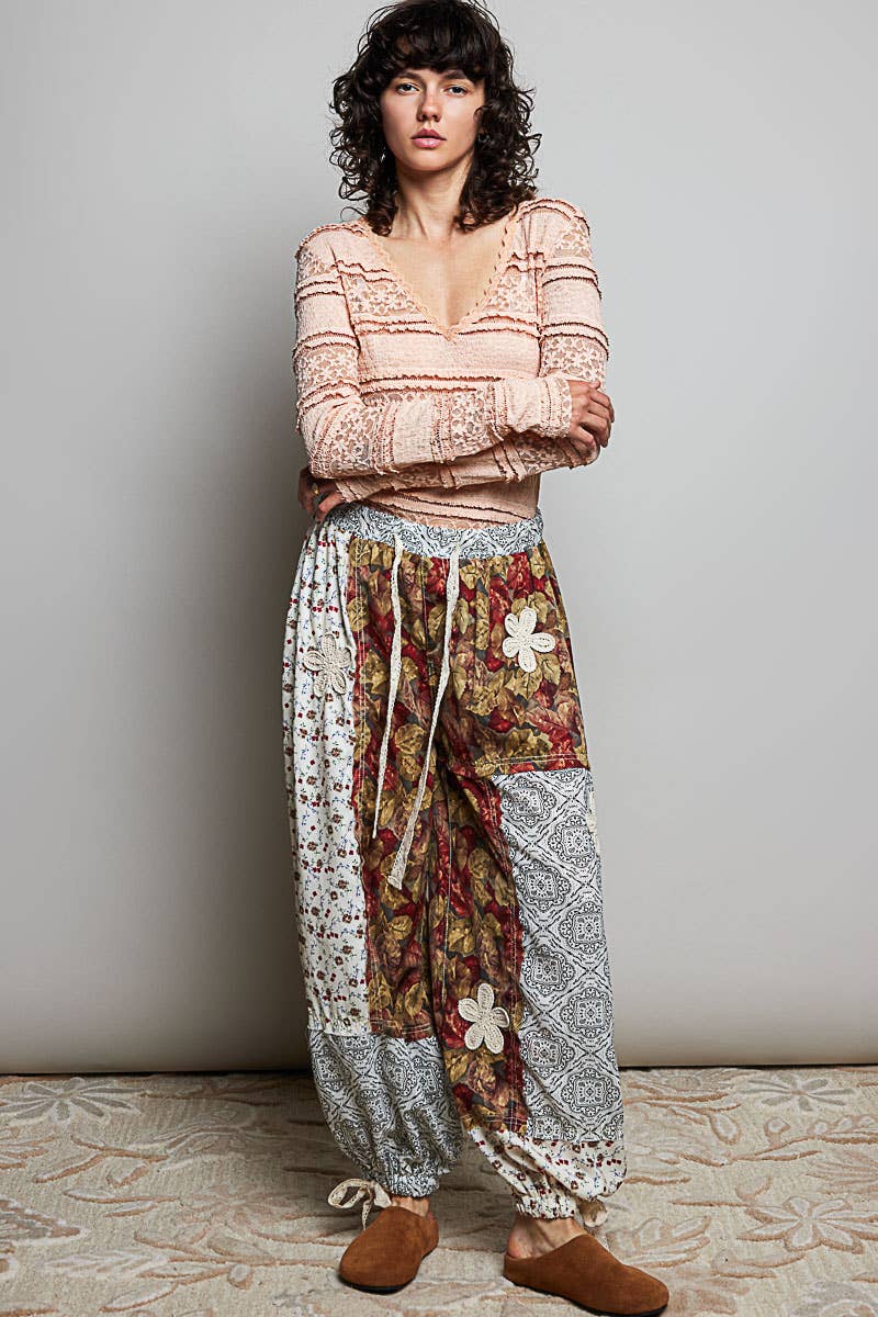 Crochet Patch Detail Contrast Patchwork Printed Woven Pants: CREAM MULTI / L