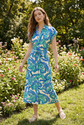 PD20702T-SHORT SLEEVE PAISLEY PRINT BUTTON DOWN MIDI DRESS: Blue Multi / Contemporary