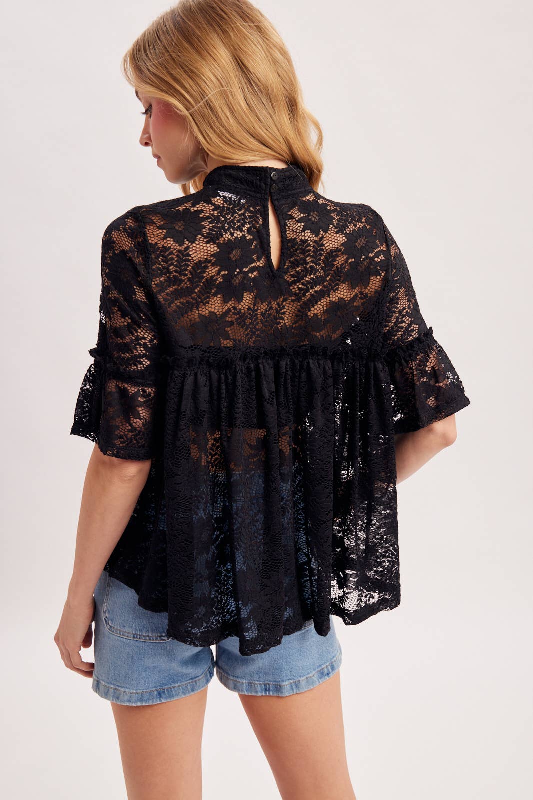 MOCK NECK BABY DOLL LACE TOP WITH NO LINING - EASTER DAY: Black / S
