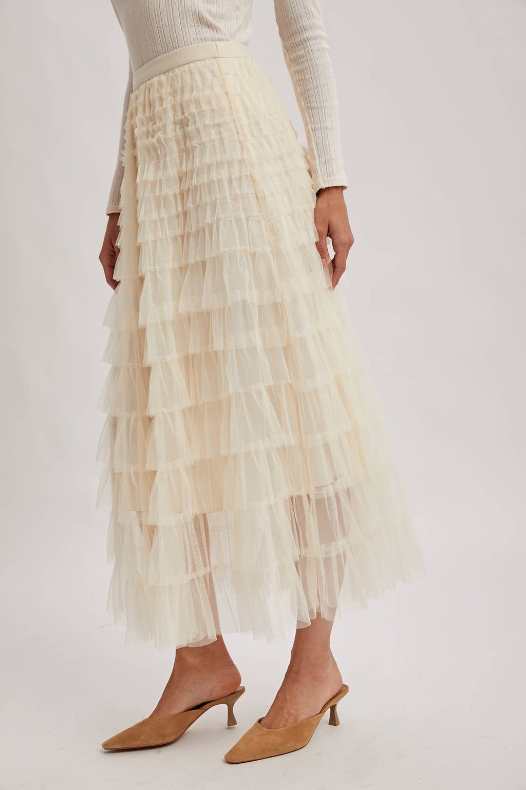 RUFFLED TULLE MIDI SKIRT: MAUVE / S