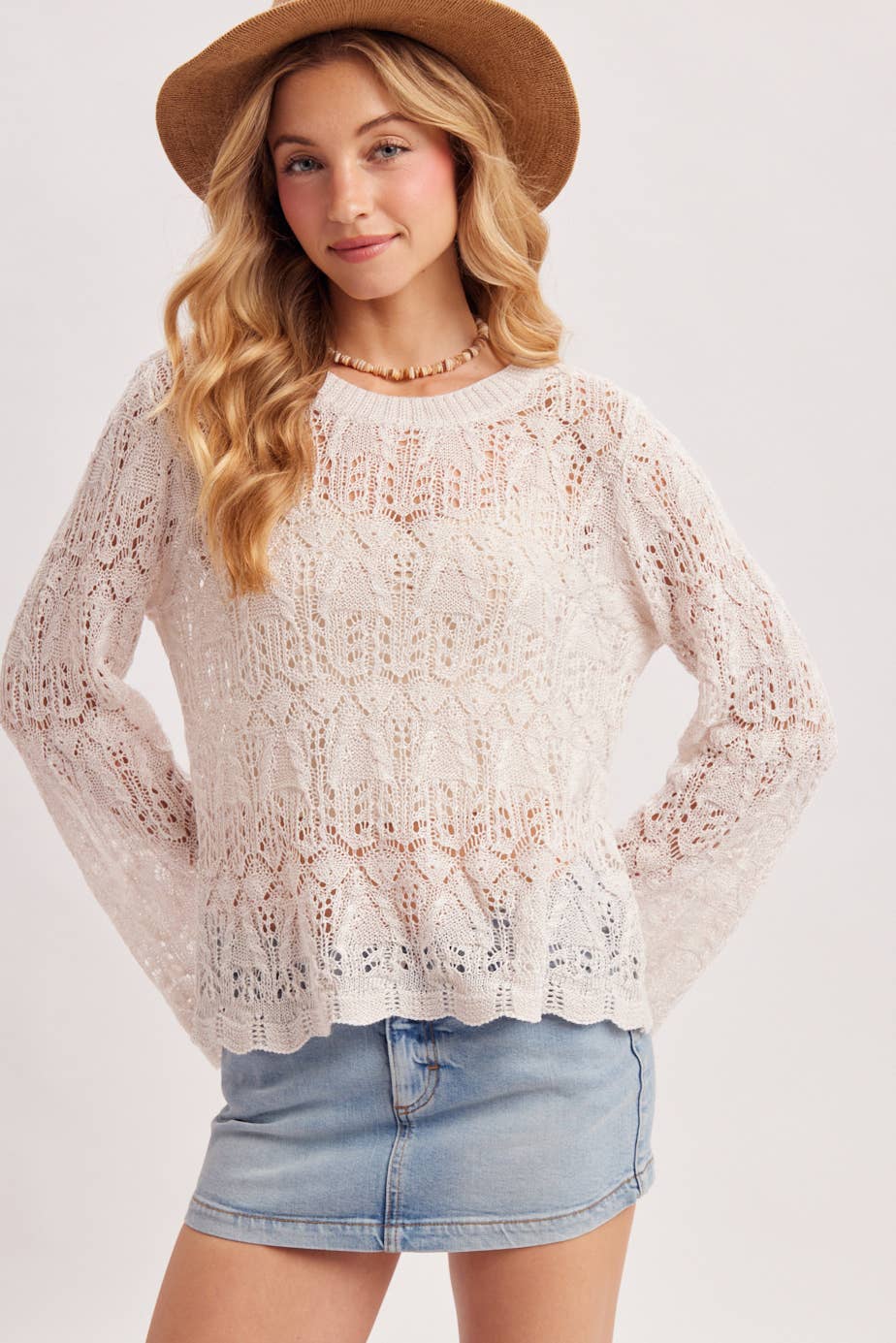 BOHO POINTELLE OPEN KNIT TOP PULLOVER