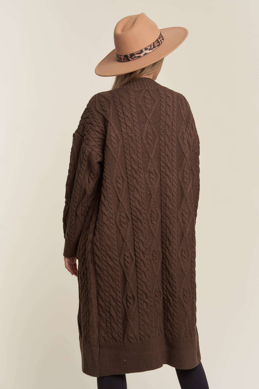 LESW3450A - CABLE KNIT LONG SWEATER CARDIGAN: BROWN / S/M-M/L(3-3)