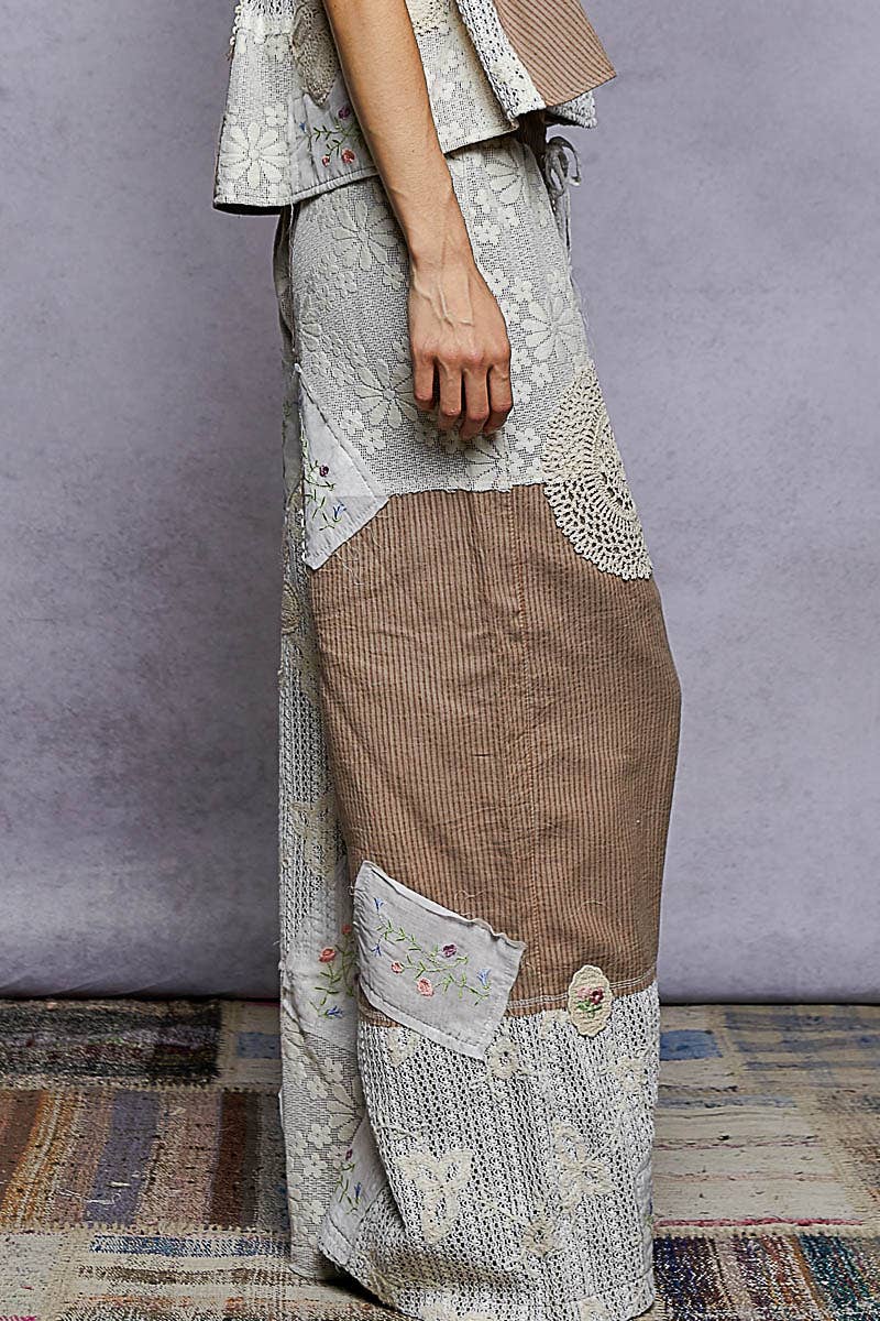 Solid Lace Patch Detail Woven Pants: SKY BLUE