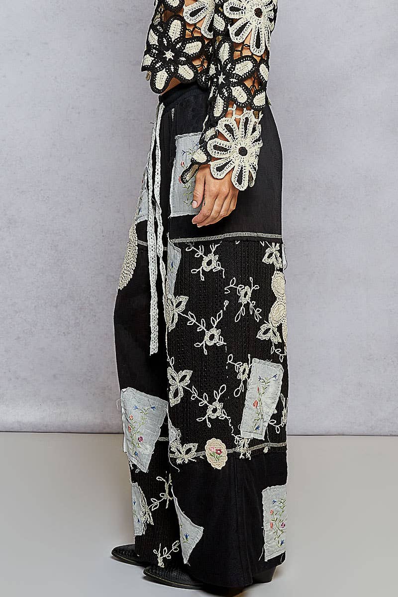 Solid Lace Patch Detail Woven Pants: SKY BLUE