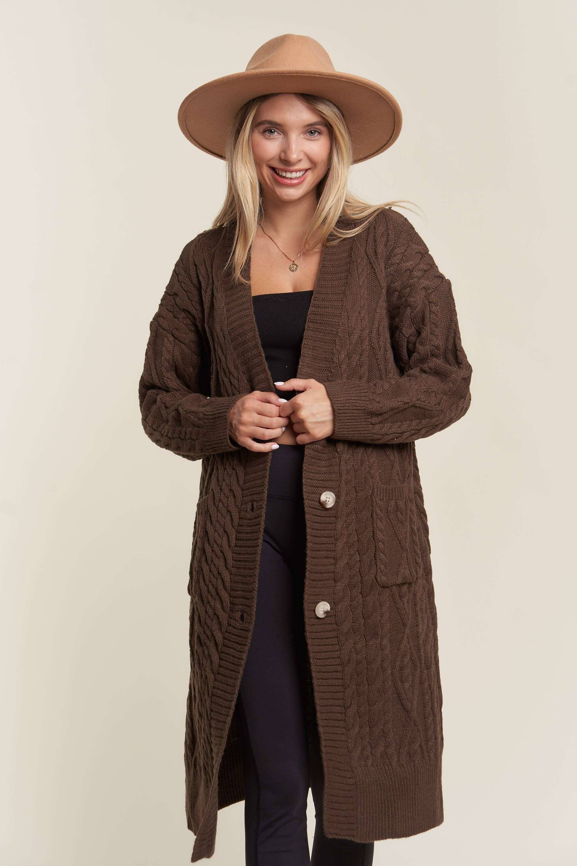 LESW3450A - CABLE KNIT LONG SWEATER CARDIGAN: BROWN / S/M-M/L(3-3)