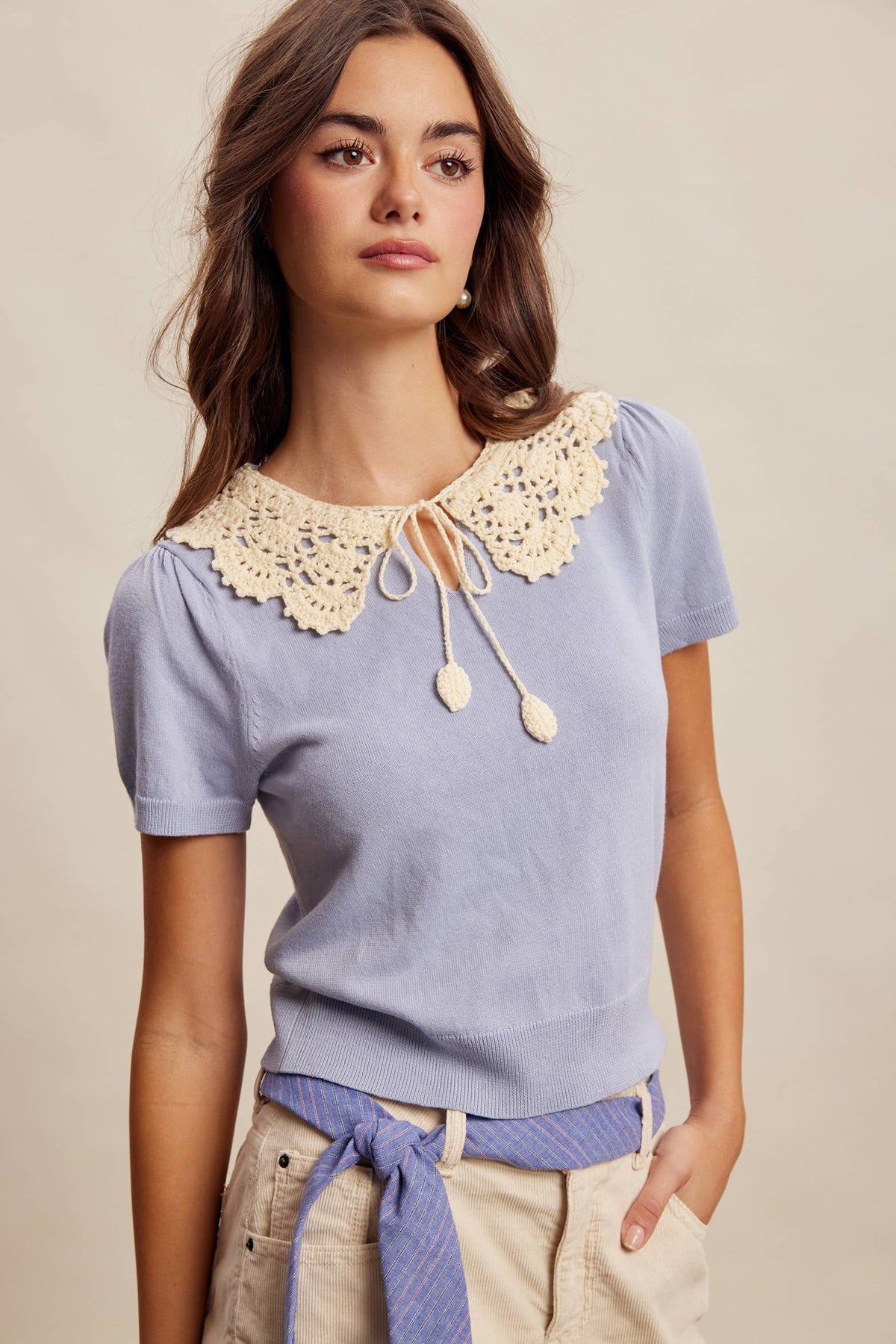 Crochet Collar Short Sleeve Knit Top LSW1048