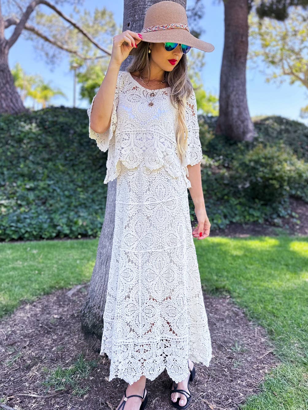 Boho Floral Crochet Maxi Skirt | Matching Set Available: Ivory / One Size