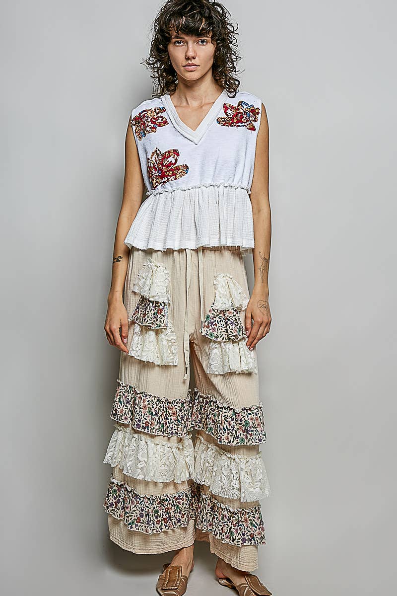 Boho Floral Patch V-Neck Sleeveless Top: NATURAL