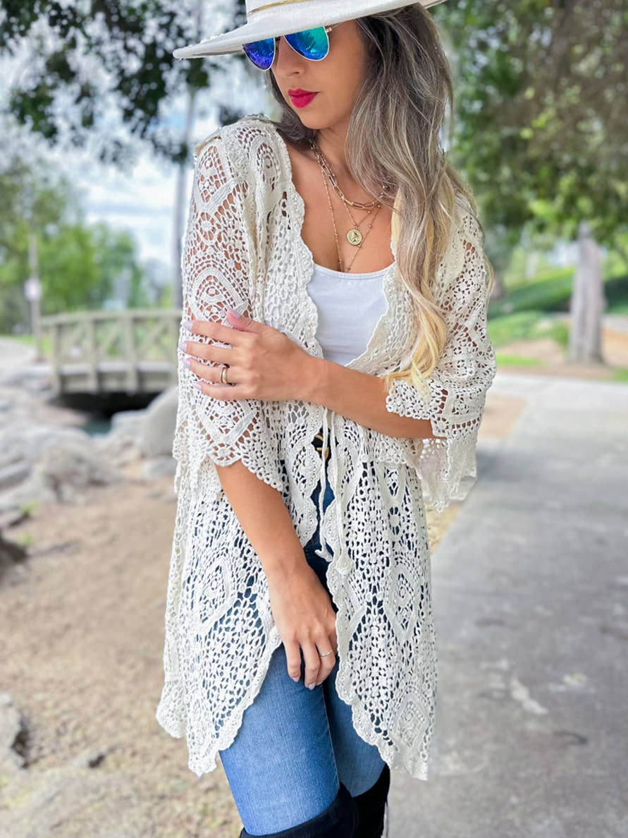 Unique Boho Open Front High-Low Crochet Cardigan With Tie: Ivory / One Size