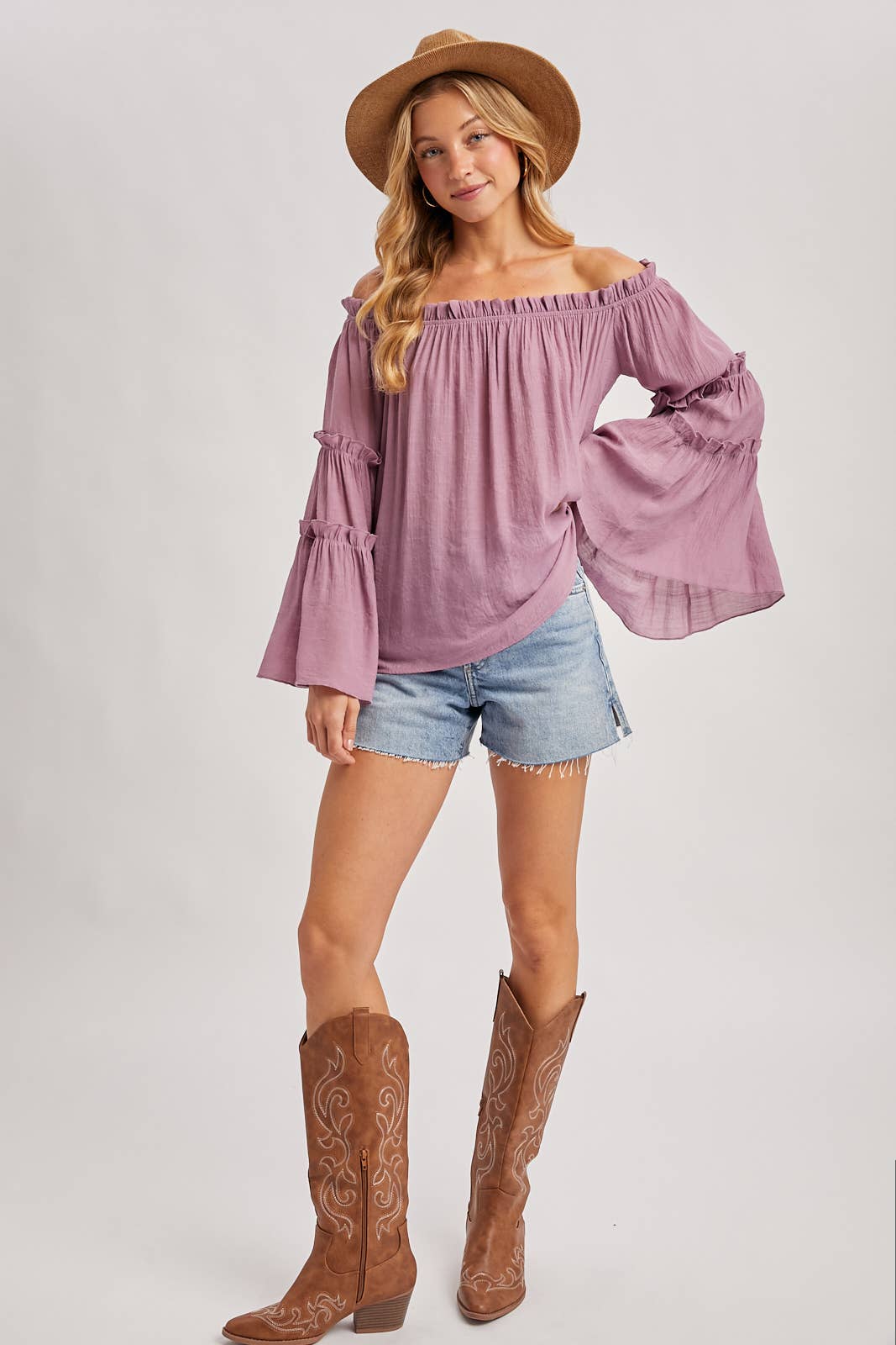 TEXTURED BELL SLEEVE OFF THE SHOULDER TOP: ROSE / S