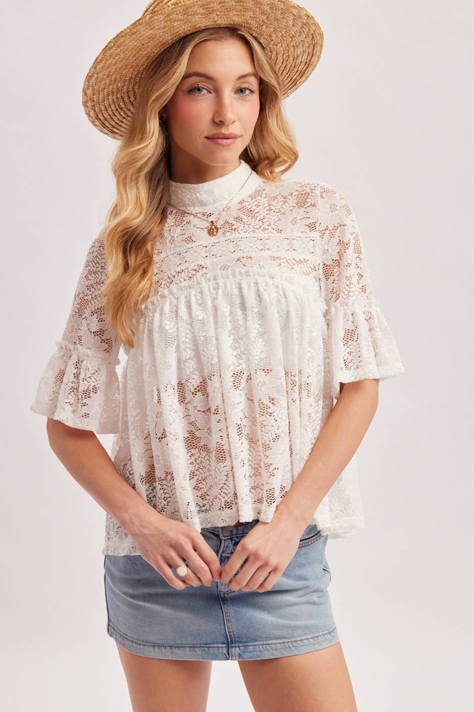 MOCK NECK BABY DOLL LACE TOP WITH NO LINING - EASTER DAY: IVORY / S