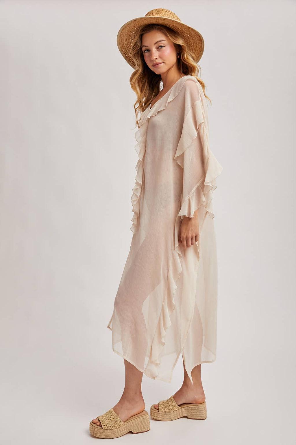 SHEER RUFFLED OPEN FRONT KIMONO COVER-UP DRESS - EASTER DAY: DUSTY PINK / One Size