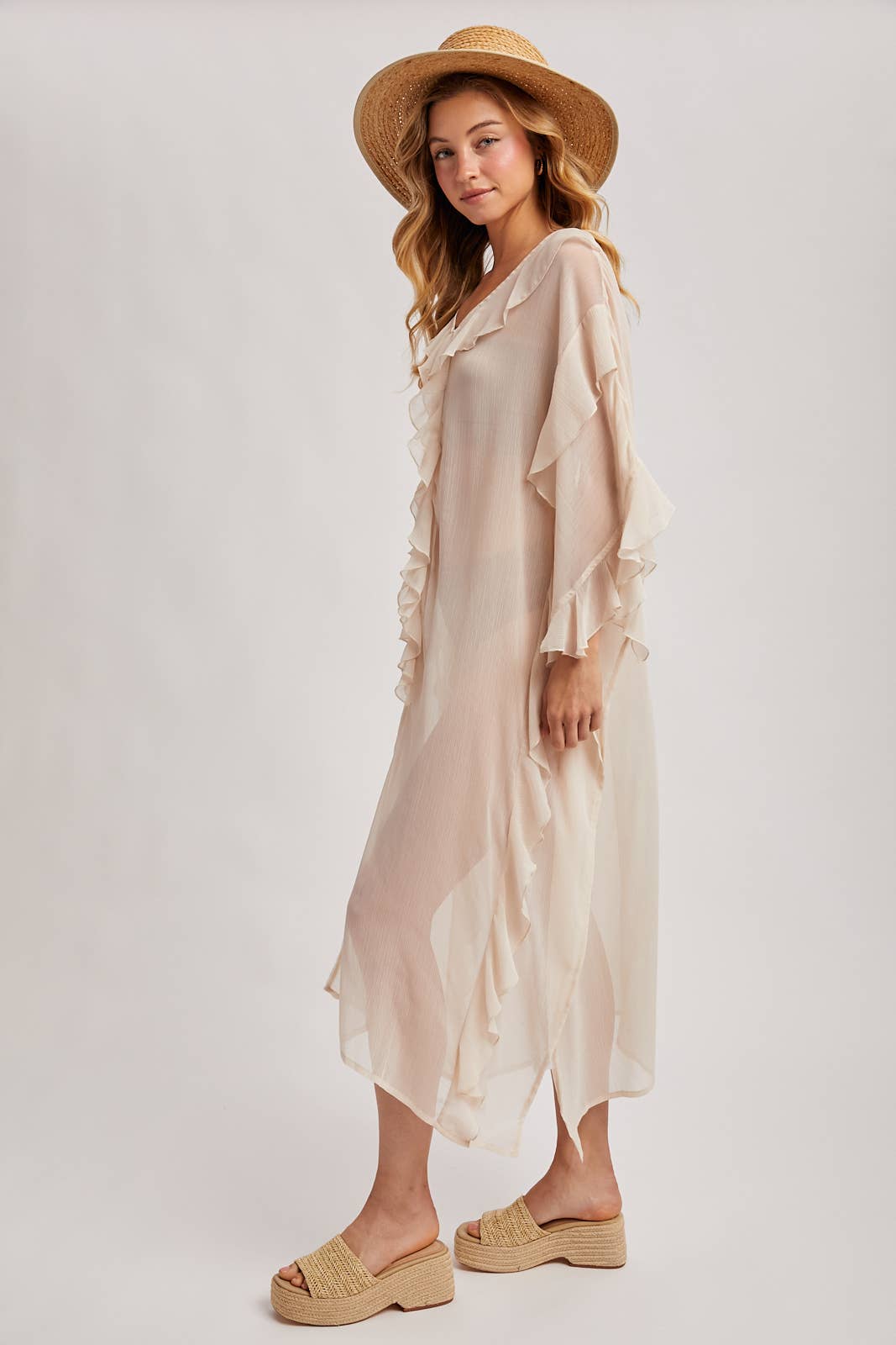 SHEER RUFFLED OPEN FRONT KIMONO COVER-UP DRESS - EASTER DAY: DUSTY PINK / One Size