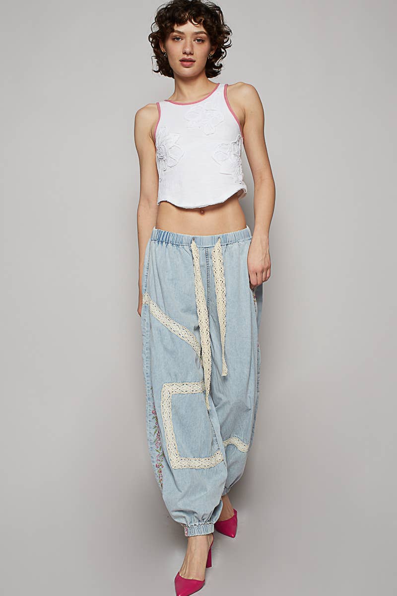 Vintage Washed Embroidery Trim Point Jogger Pants: NAVY CHARCOAL / M