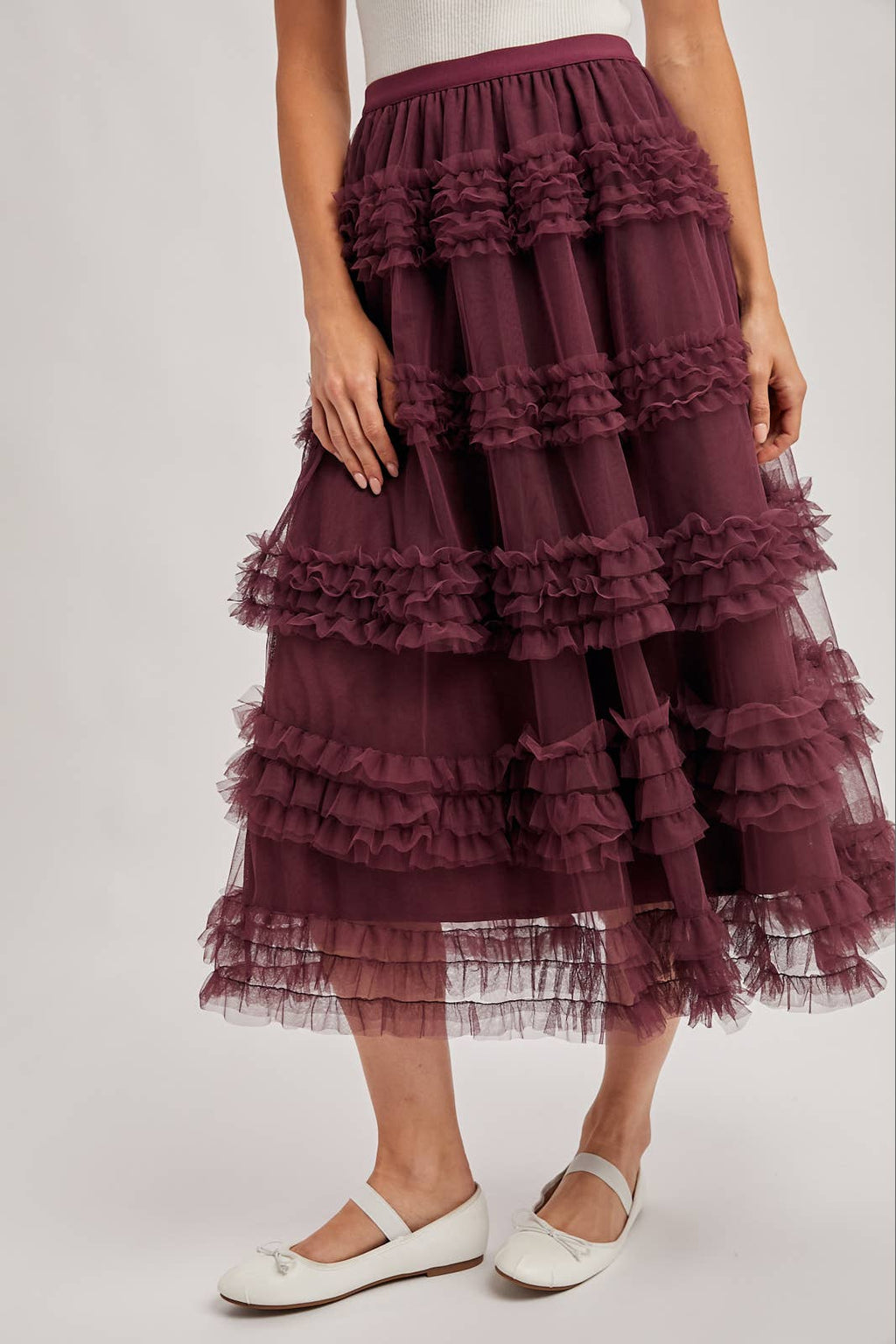 ROMANTIC RUFFLE TIERED TULLE MIDI SKIRT: PLUM / L