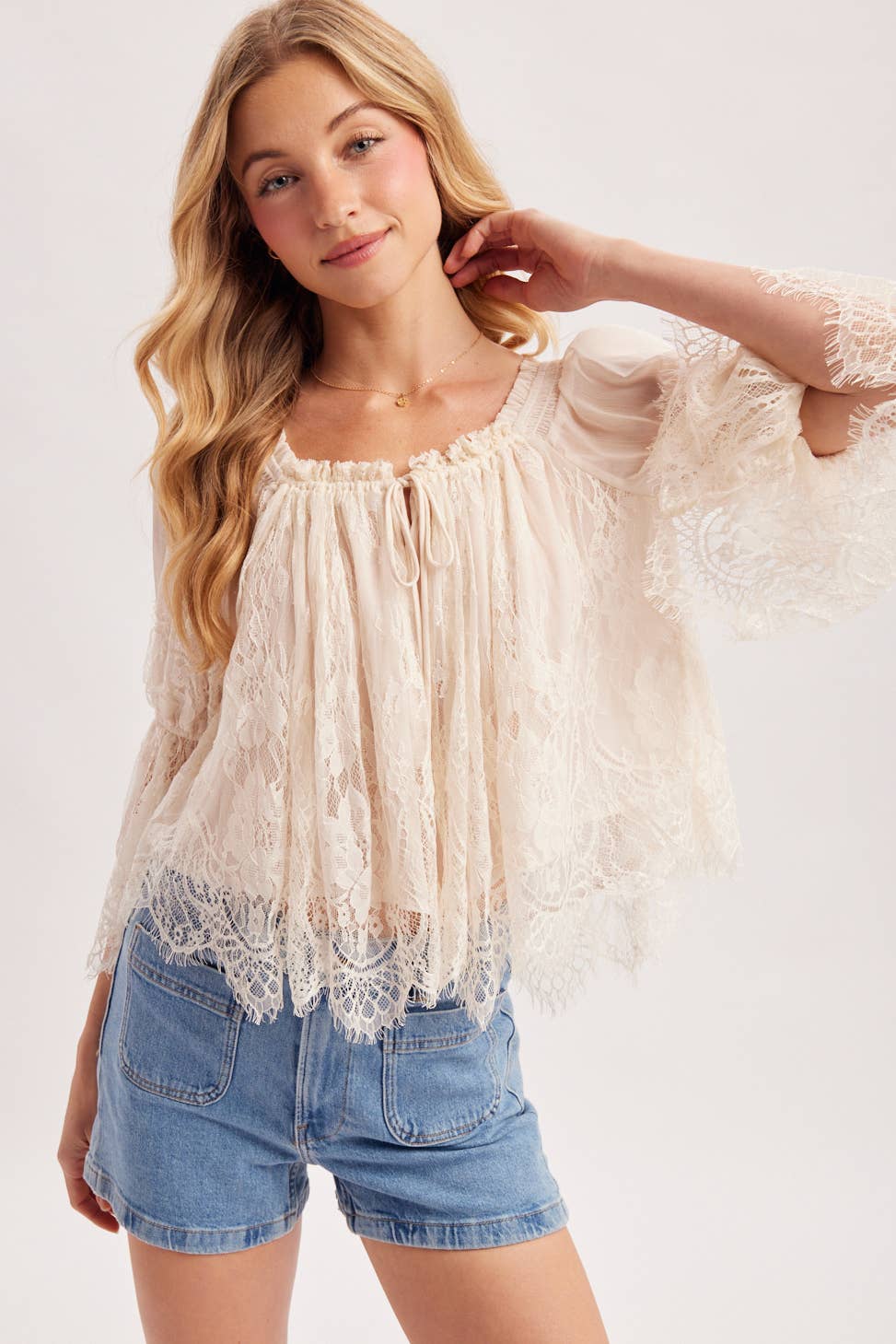 WIDE NECK RUFFLED EYELASH LACE BLOUSE - EASTER DAY: MAUVE / M