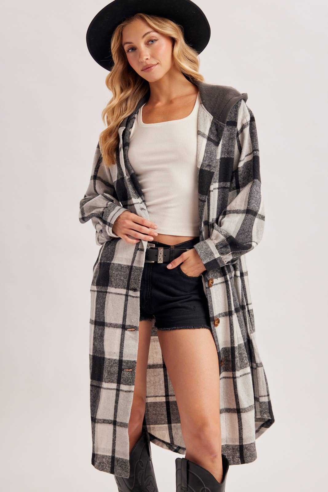 LONGLINE PLAID HOODED JACKET
