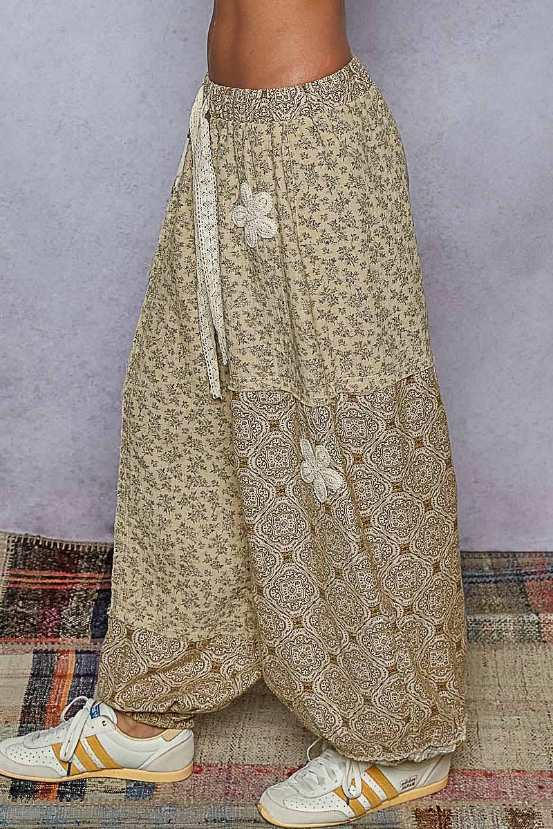 Crochet Patch Detail Contrast Patchwork Printed Woven Pants: CREAM MULTI / L