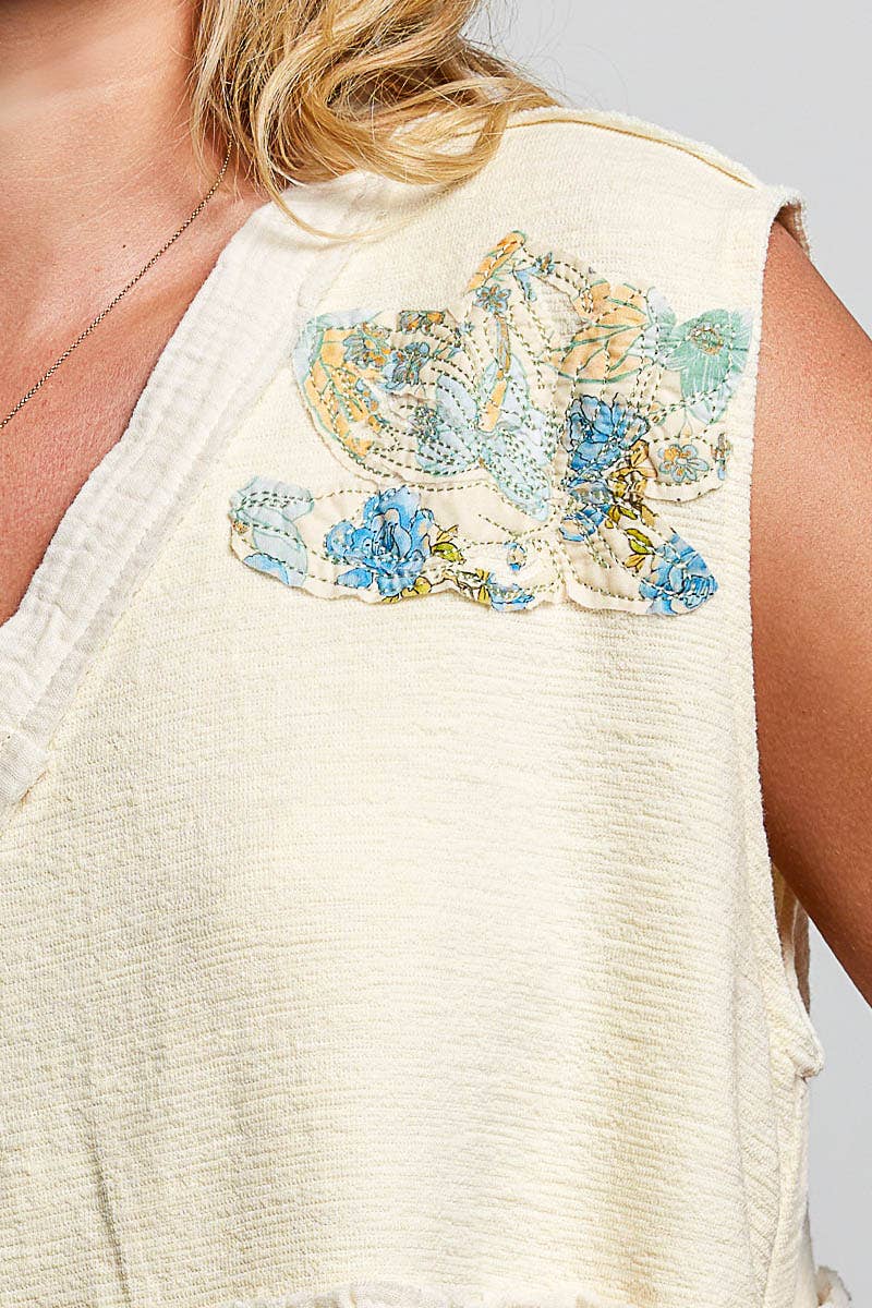 Boho Floral Patch V-Neck Sleeveless Top: NATURAL