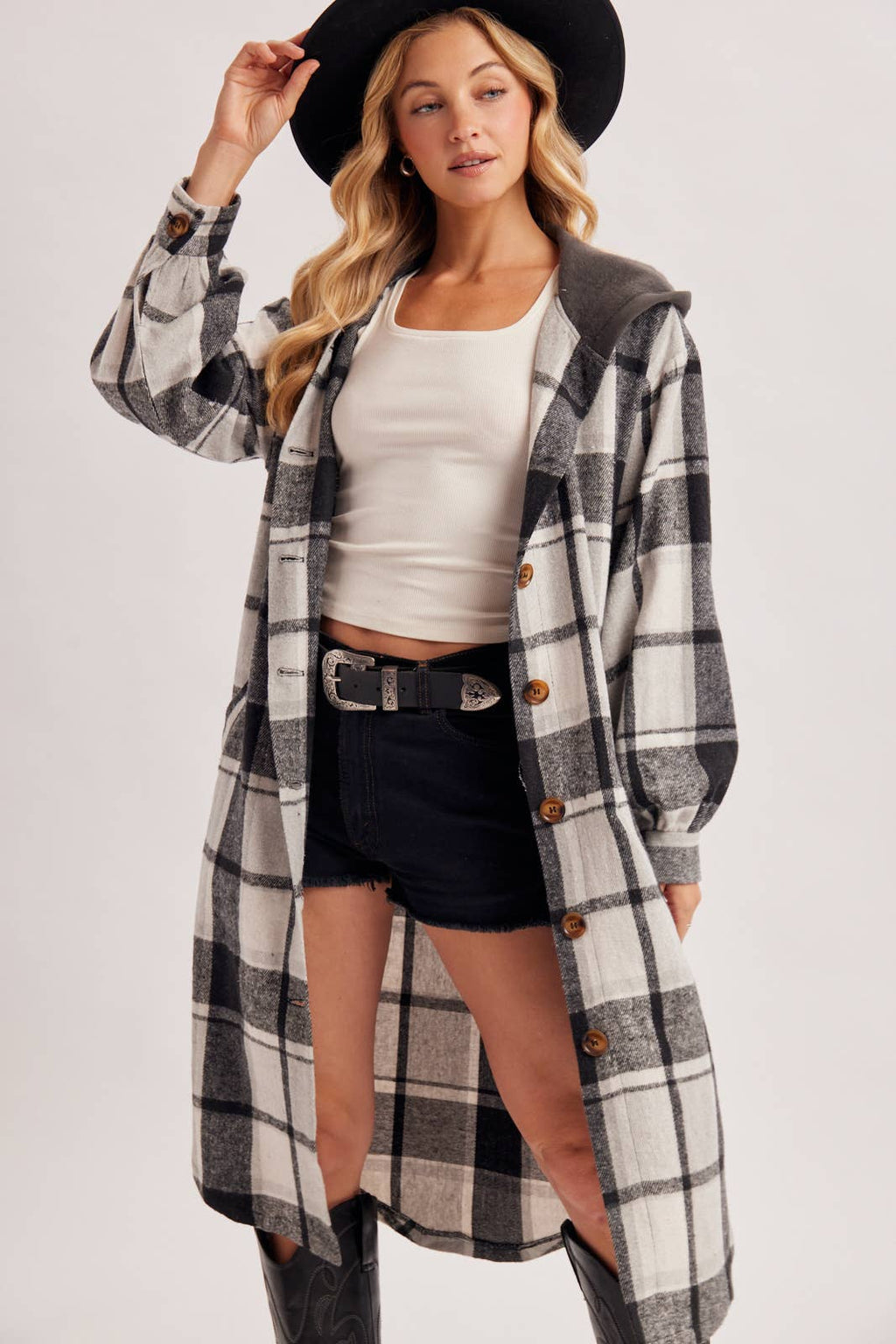 LONGLINE PLAID HOODED JACKET