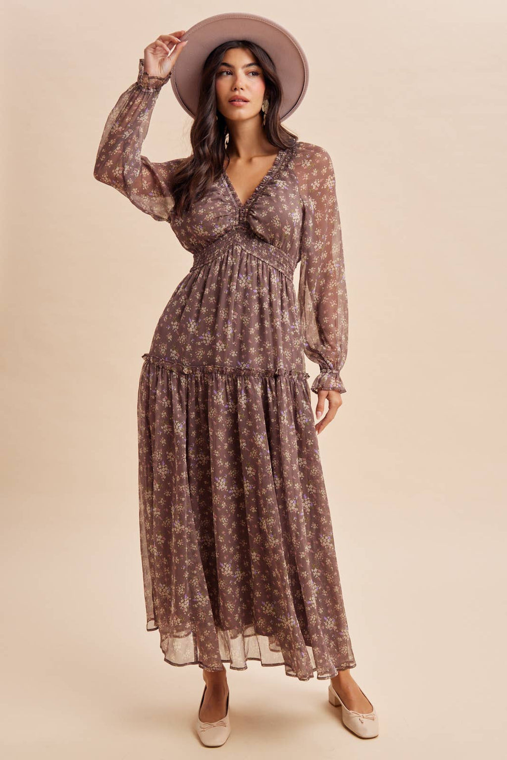 SMOCKED FLORAL MAXI DRESS