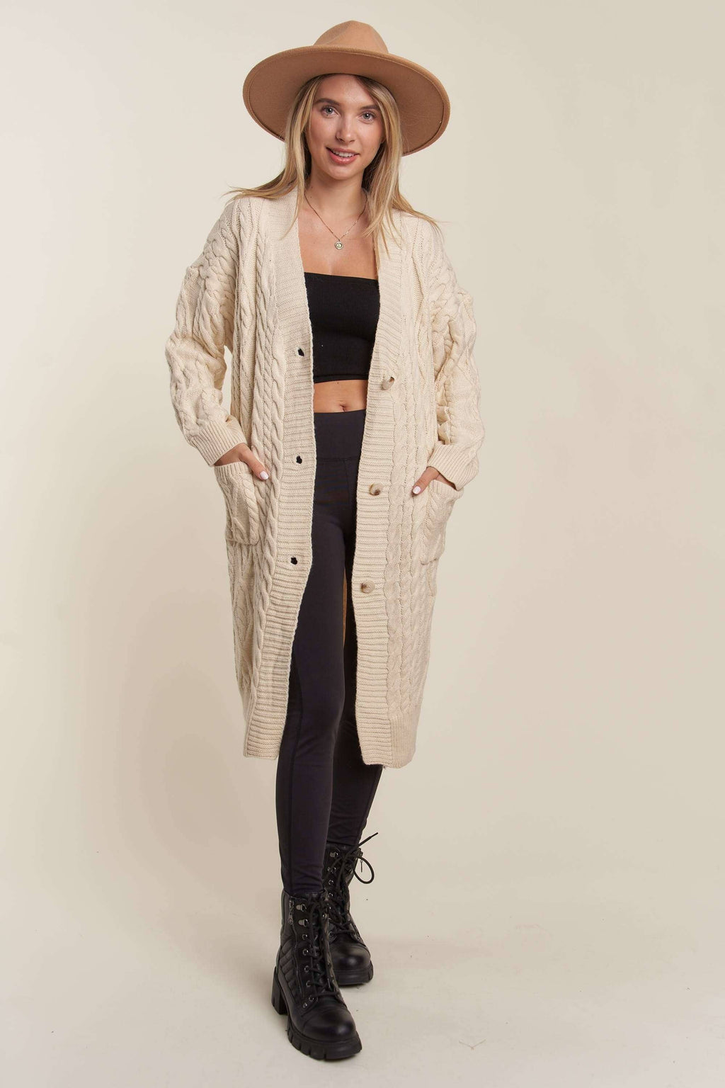 LESW3450A - CABLE KNIT LONG SWEATER CARDIGAN: BEIGE / S/M-M/L(3-3)