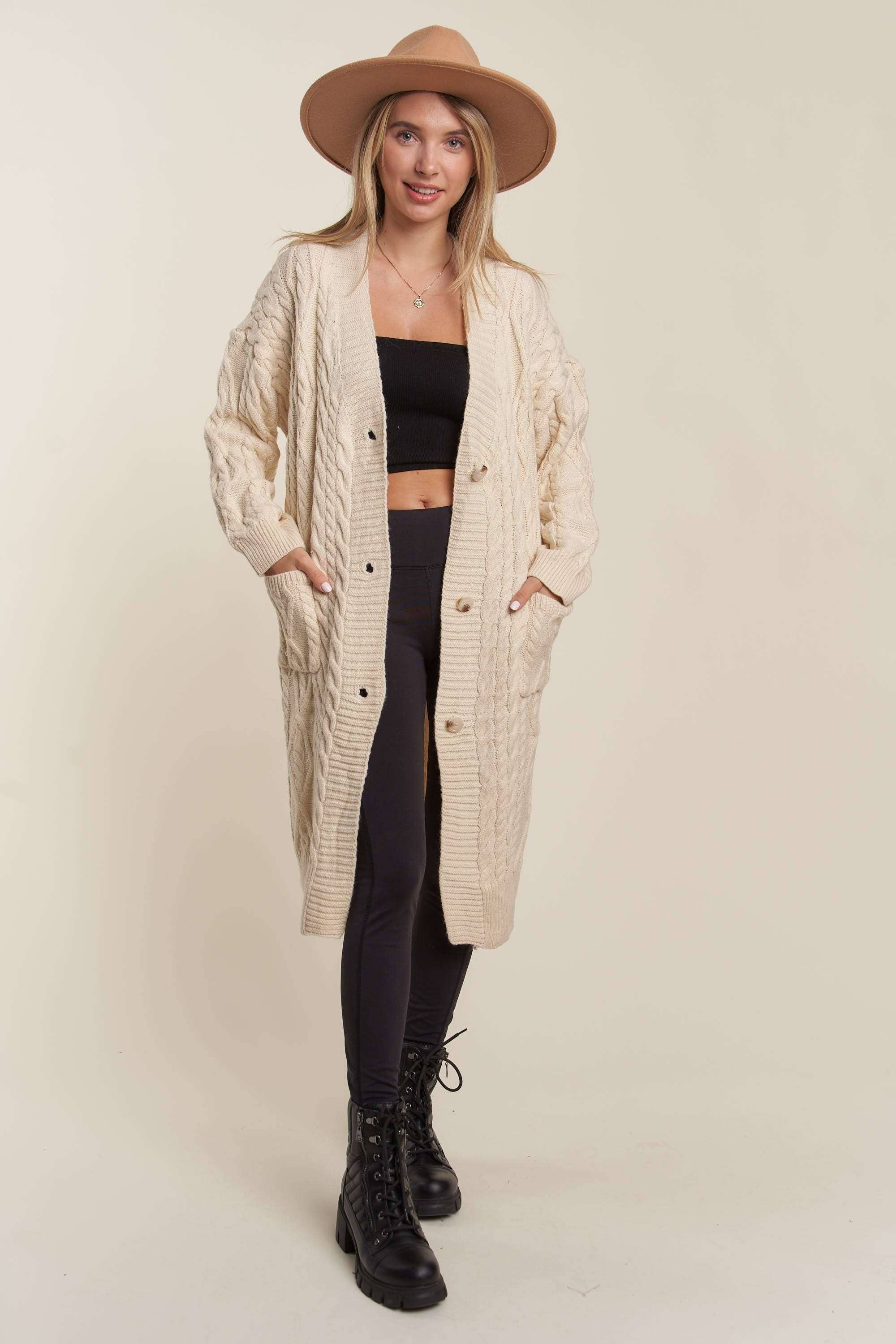 LESW3450A - CABLE KNIT LONG SWEATER CARDIGAN: BEIGE / S/M-M/L(3-3)