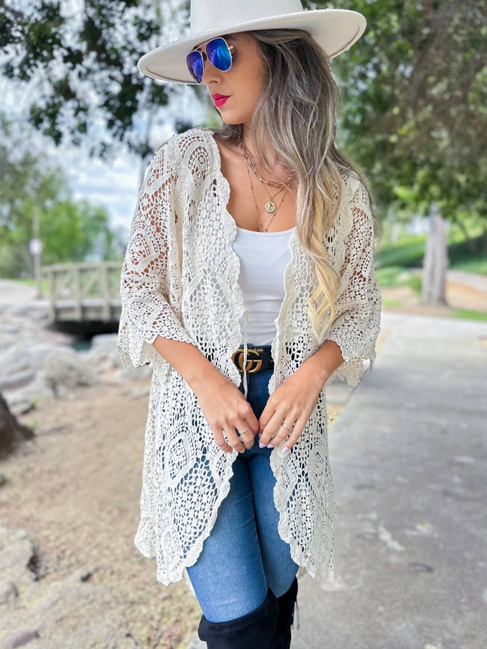 Unique Boho Open Front High-Low Crochet Cardigan With Tie: Ivory / One Size
