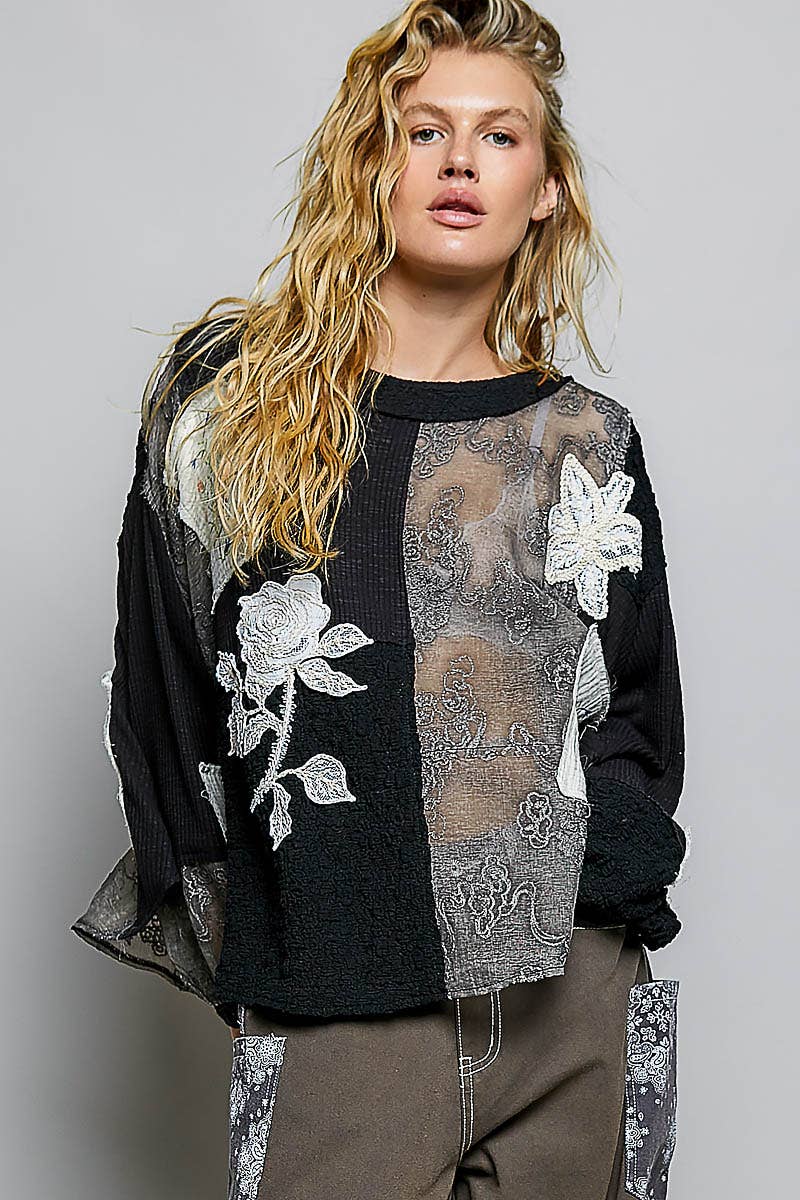Round Neck Long Sleeve Crochet Embroidered Patch Lace Top: NATURAL / M