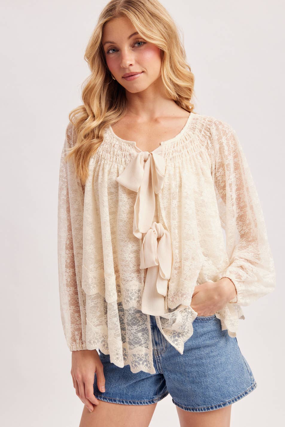 LAYERED LACE TIE-FRONT CLOSURES 2-WAY BLOUSE - EASTER DAY: ECRU / M/L