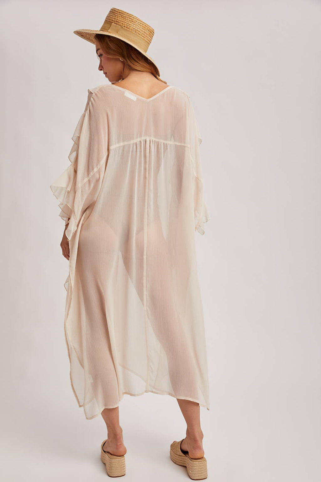 SHEER RUFFLED OPEN FRONT KIMONO COVER-UP DRESS - EASTER DAY: DUSTY PINK / One Size