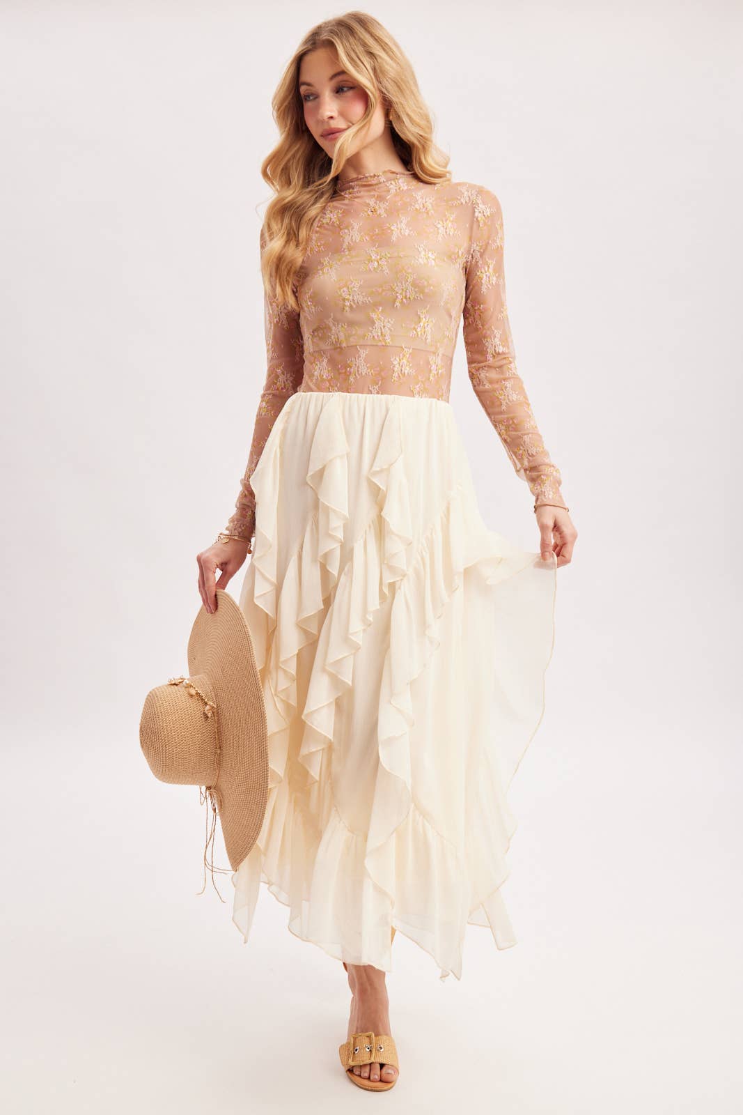 SEMI-SHEER CHIFFON RUFFLED TULLE MIDI SKIRT: ECRU