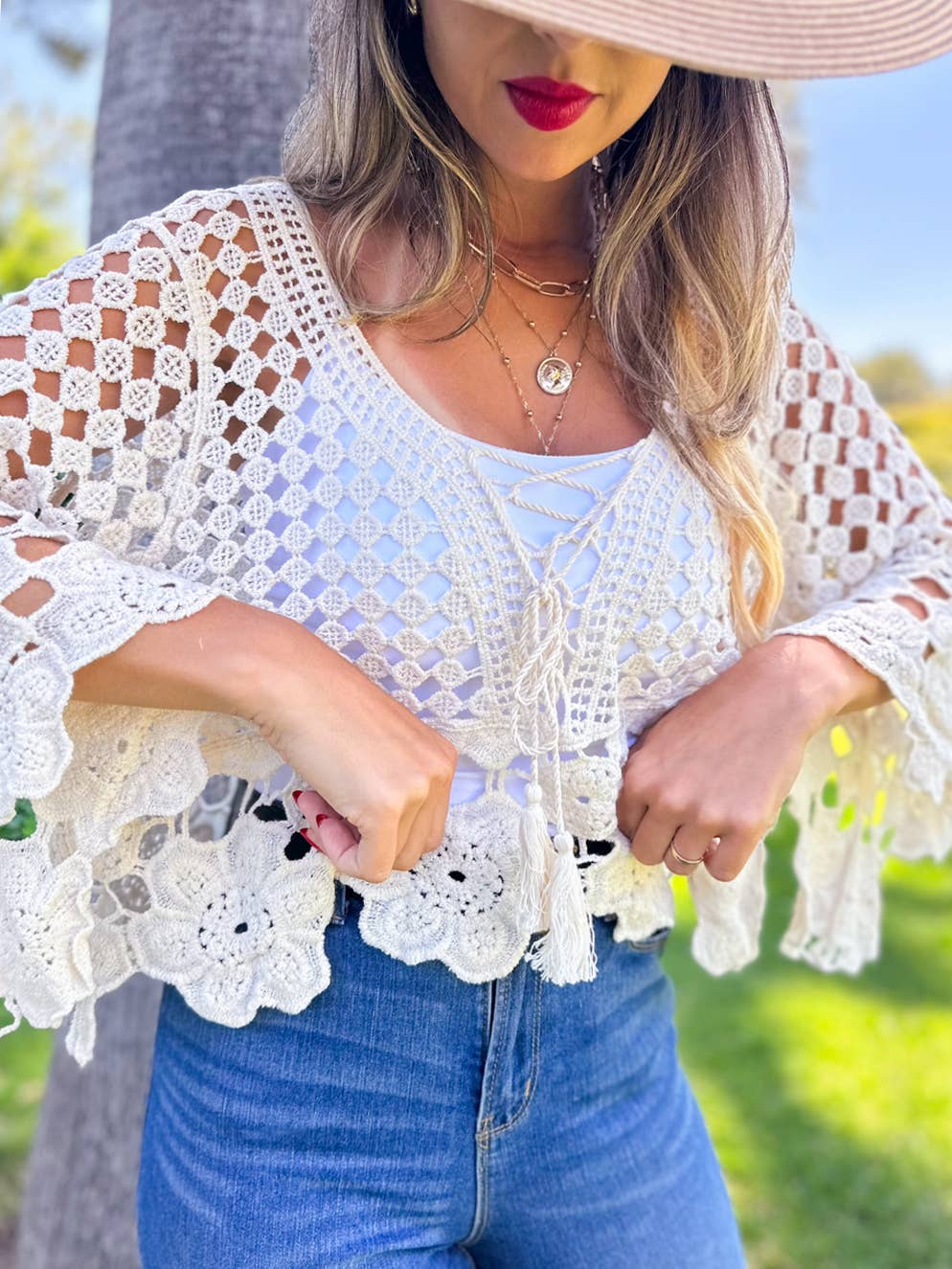 Boho Floral Crochet Bell Sleeve Top with Tassel Lace-Up: Ivory / One Size