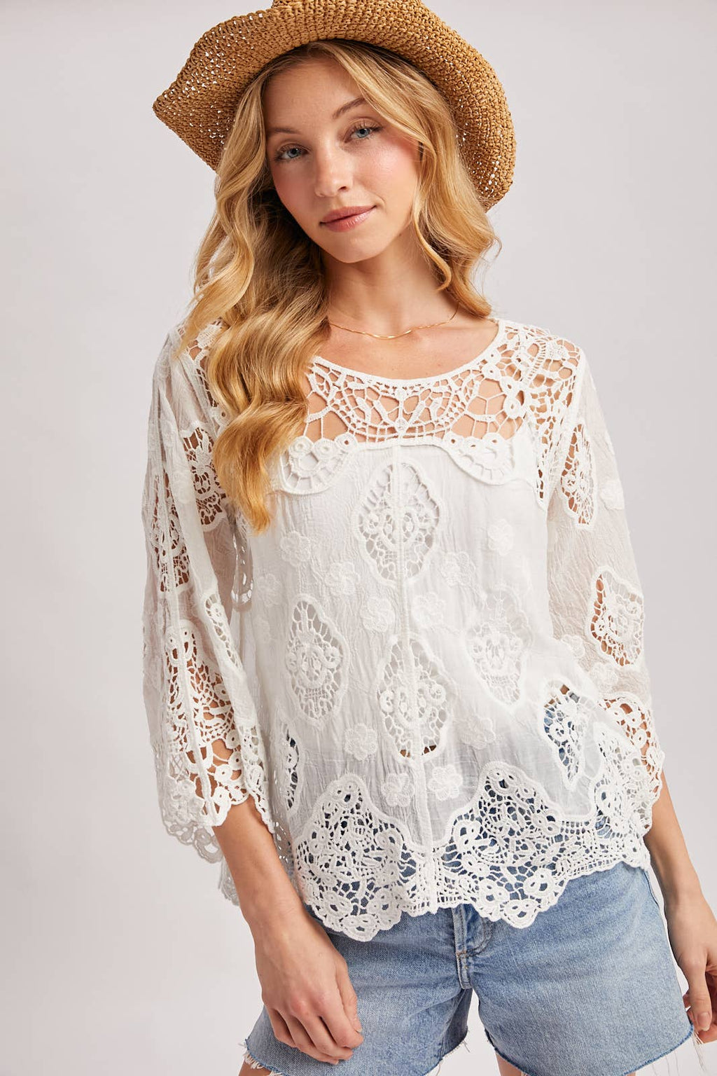 BOHO SHEER CROCHET 3/4 SLEEVED TOP - EASTER DAY: NATURAL / M