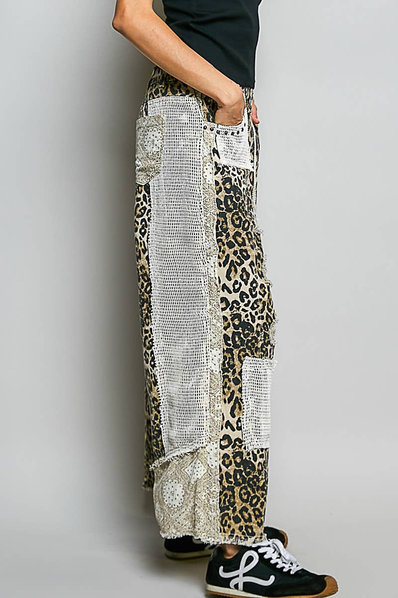 Stud Detail Woven Denim Pants: SAND LEOPARD / S