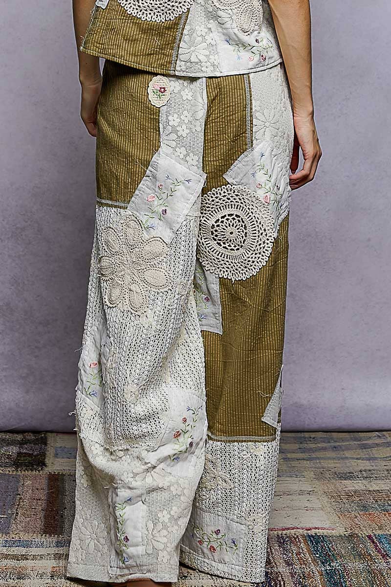 Solid Lace Patch Detail Woven Pants: SKY BLUE
