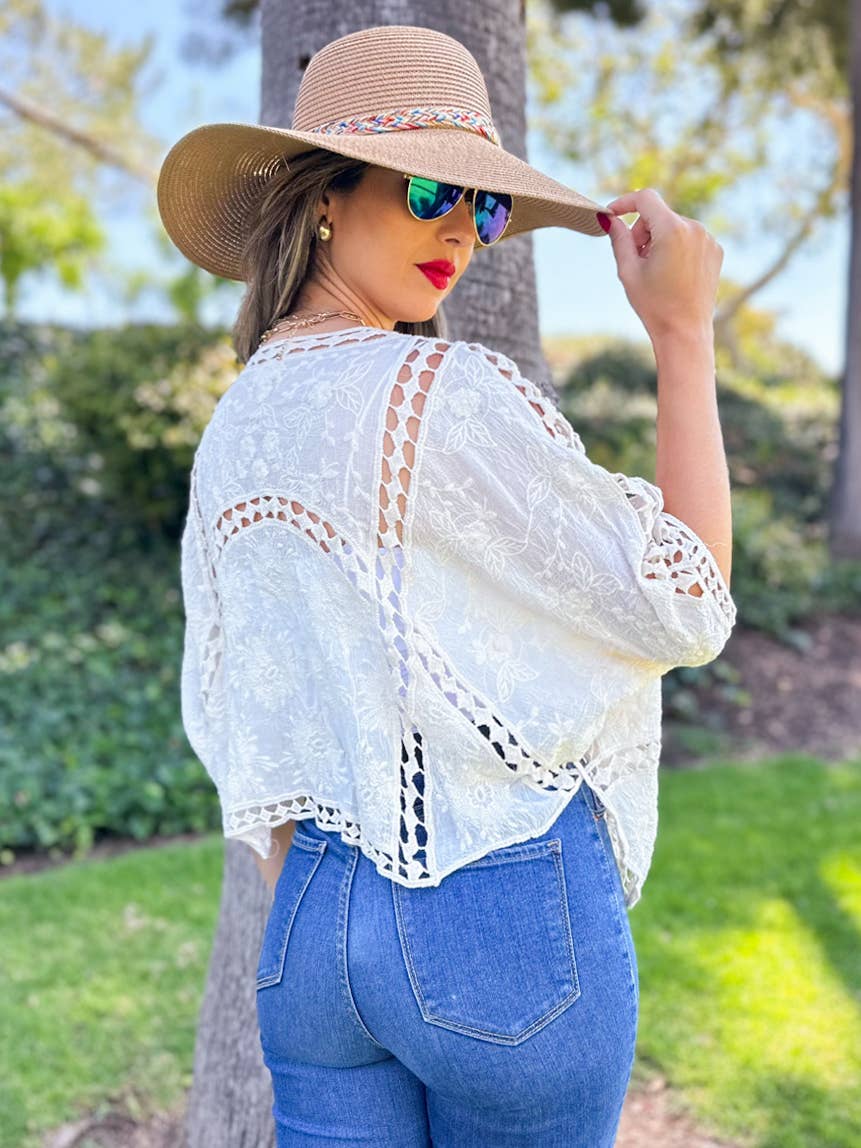 Boho Floral Embroidered Cotton Dolman Sleeve Cardigan: Ivory / One Size