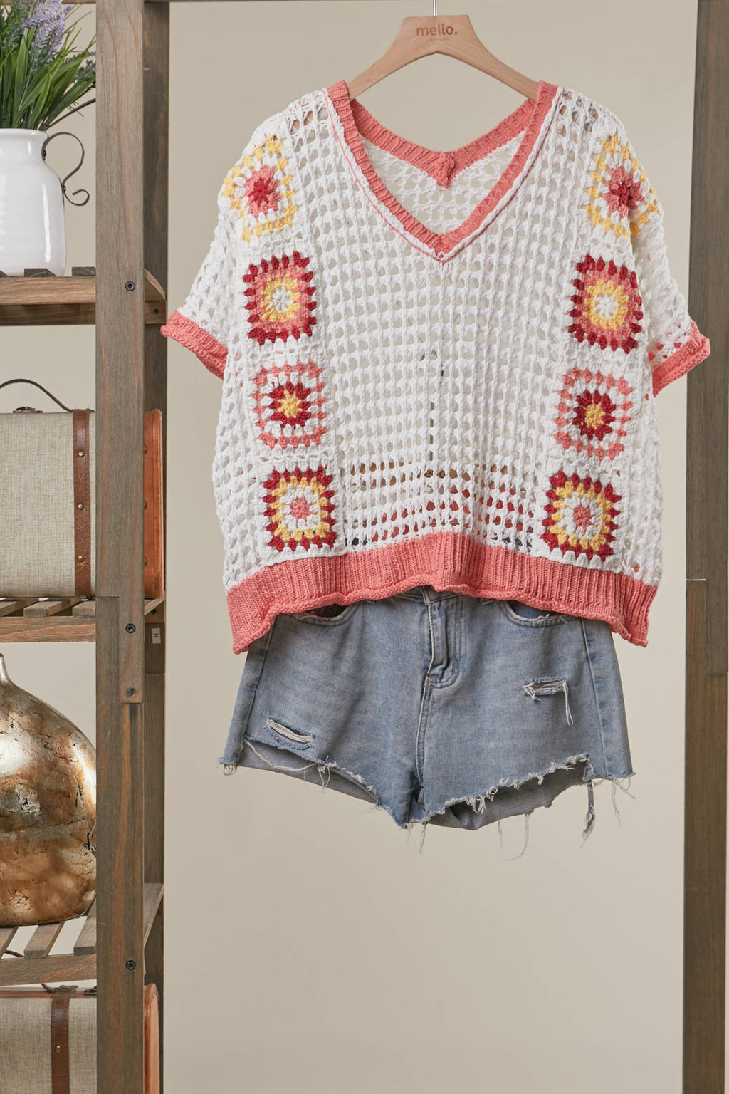 Boho Crochet Patchwork V Neck Short Sleeve Top: Navy