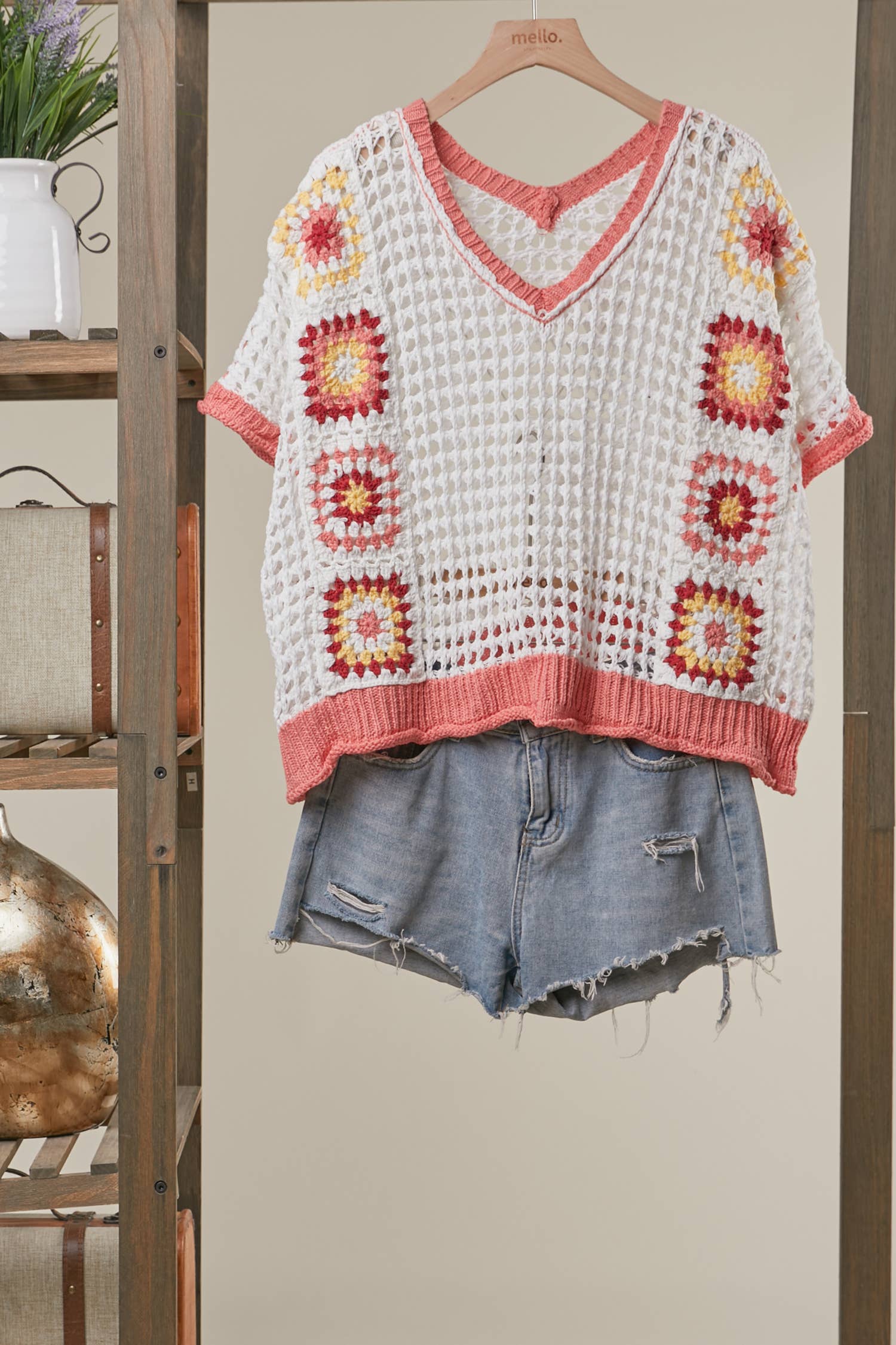 Boho Crochet Patchwork V Neck Short Sleeve Top: Navy