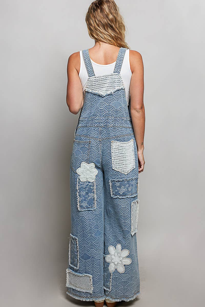 Crochet Contrast Patch Detail Chest Pocket Woven Overalls: ALMOND CAMO / L