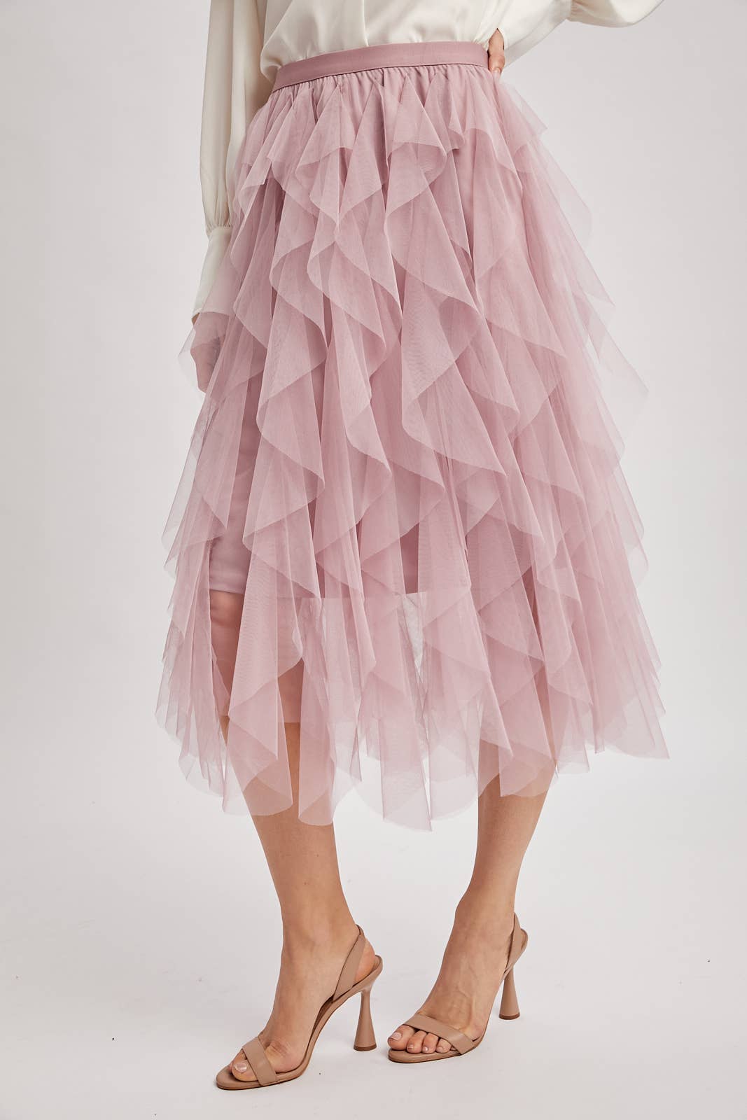 SPRIAL RUFFLED TULLE MIDI SKIRT - EASTER DAY: ROSE / M