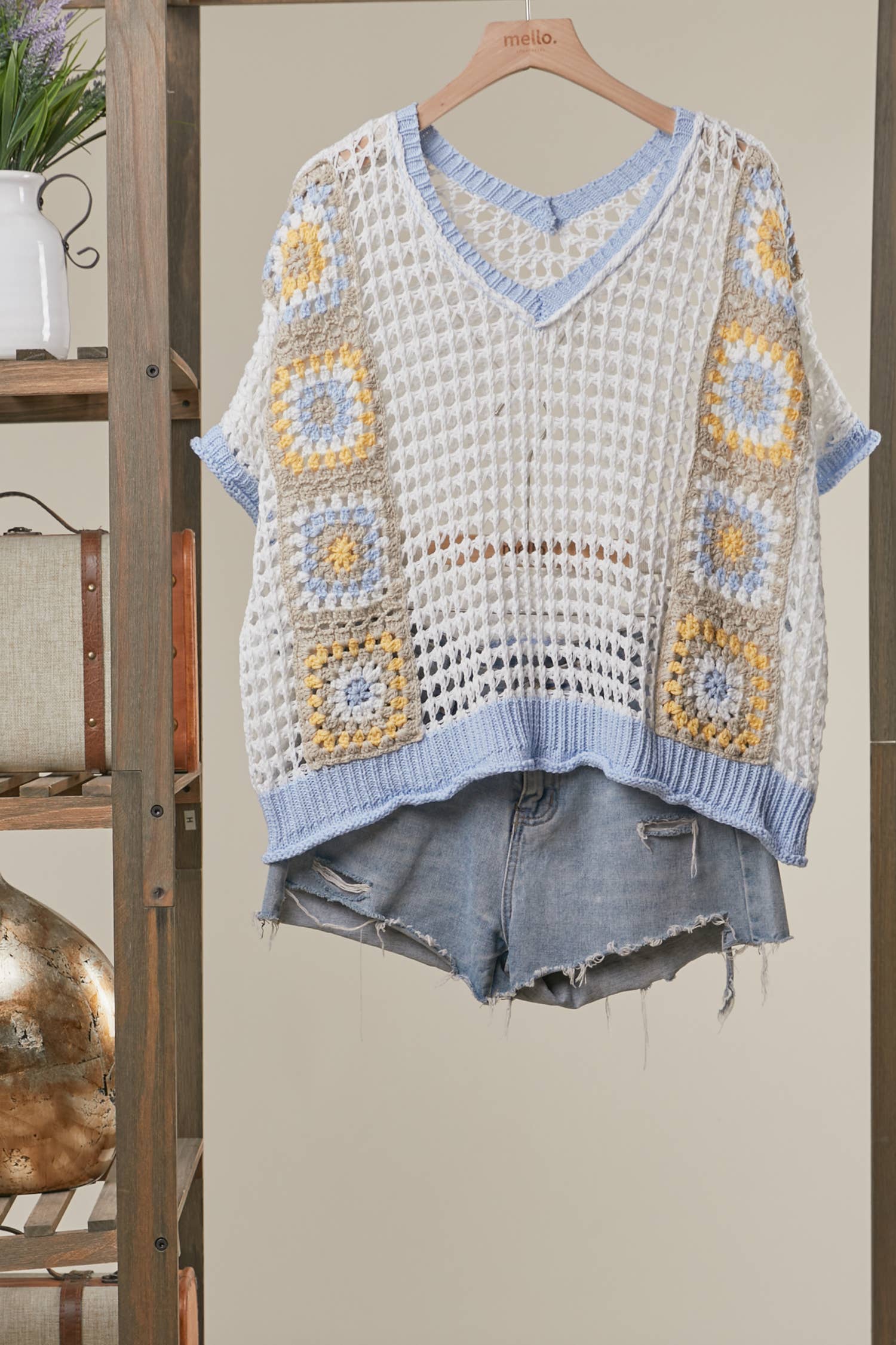 Boho Crochet Patchwork V Neck Short Sleeve Top: Navy