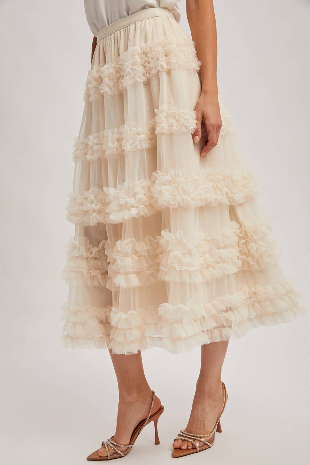 ROMANTIC RUFFLE TIERED TULLE MIDI SKIRT: PLUM / S