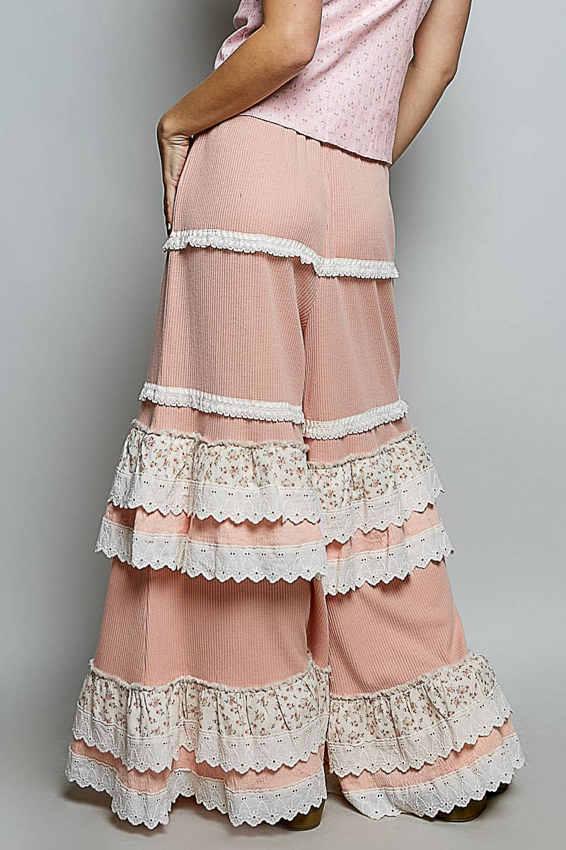 Floral Contrast Eyelet Ruffle Lace Trim Straight Knit Pants: BLUSH
