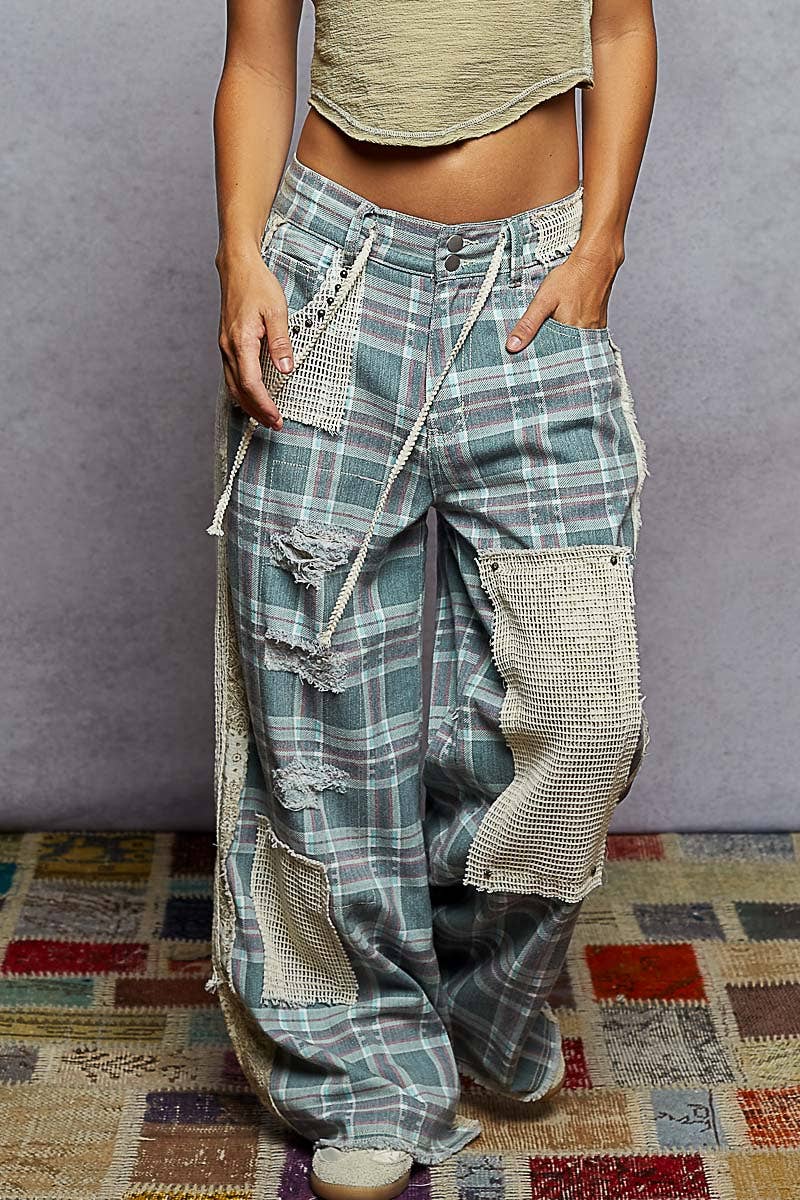 Stud Detail Woven Denim Pants: SAND LEOPARD / S