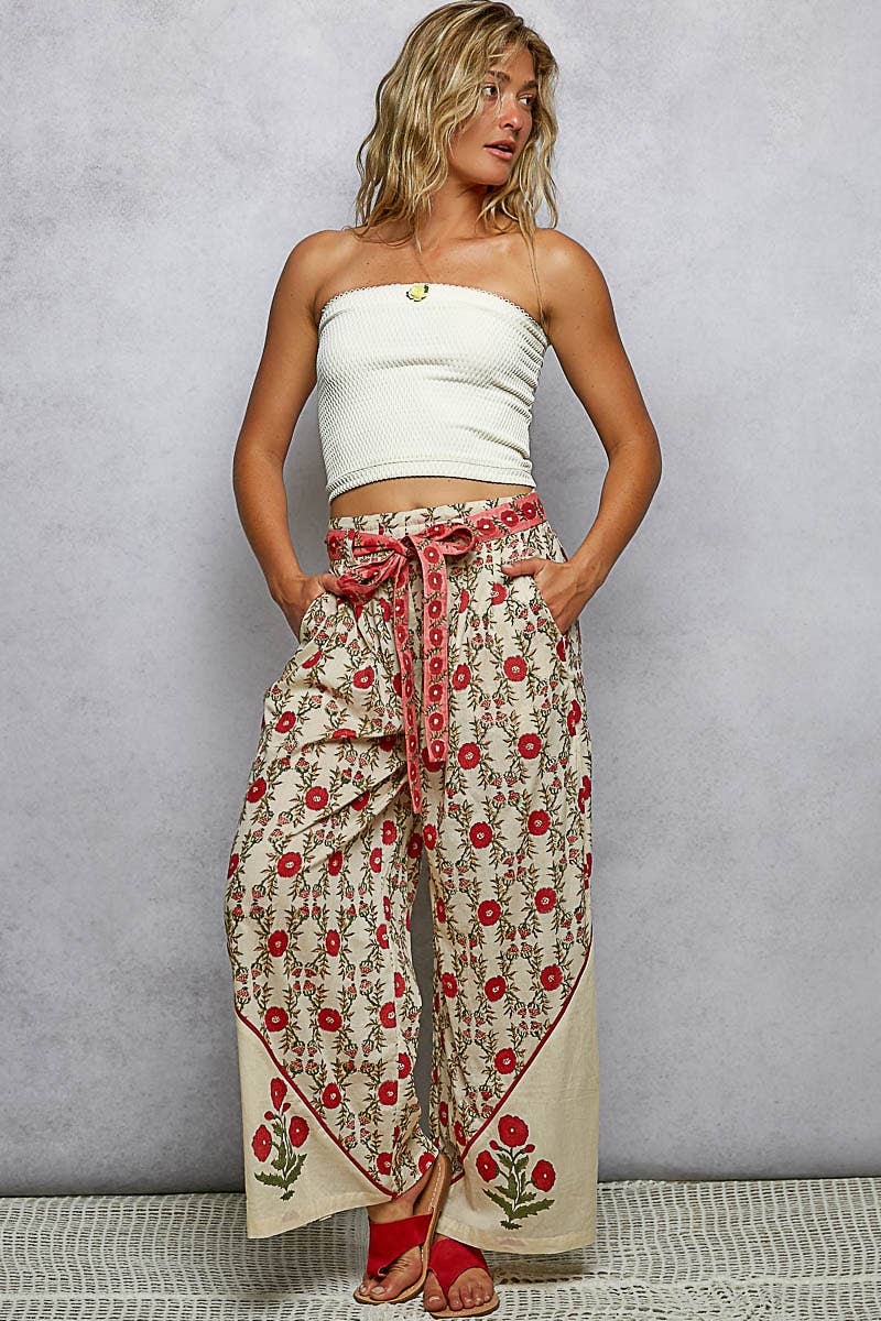 Waist Belt Floral Pattern Straight Fit Pants: CREAM MULTI / S
