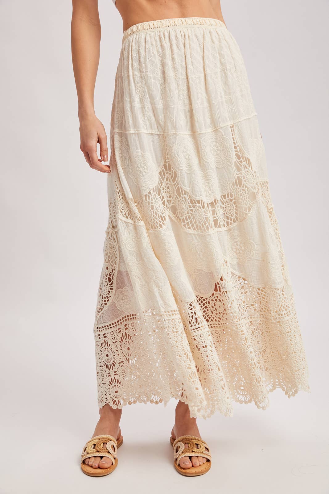 BOHO SHEER LACE MAXI SKIRT WITH LINING: NATURAL / S