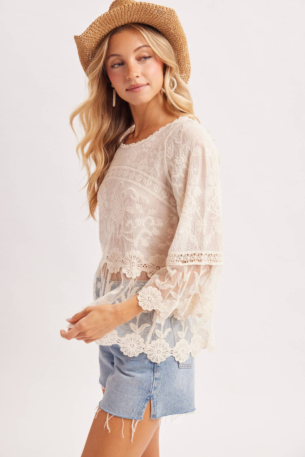 BOHO BELL SLEEVED PEPLUM CROCHET TOP: NATURAL