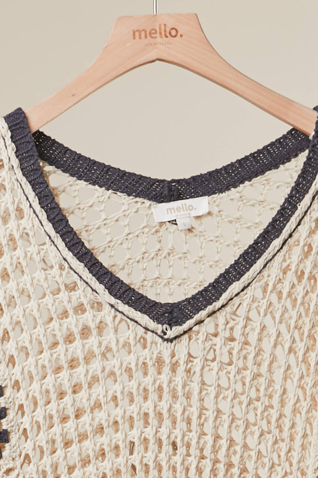 Boho Crochet Patchwork V Neck Short Sleeve Top: Navy